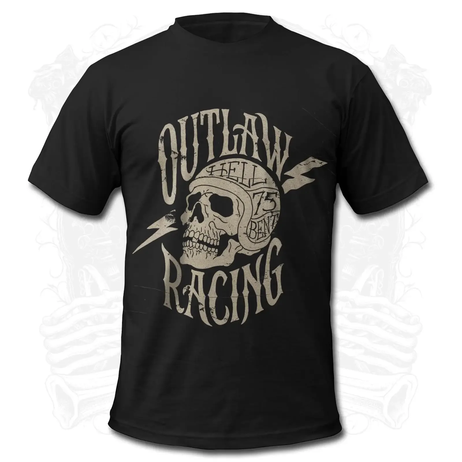 Outlaw Racing Biker Skull Men's T Shirt vintage Washed Slightly Versatile homme graphic streetwear Stylish