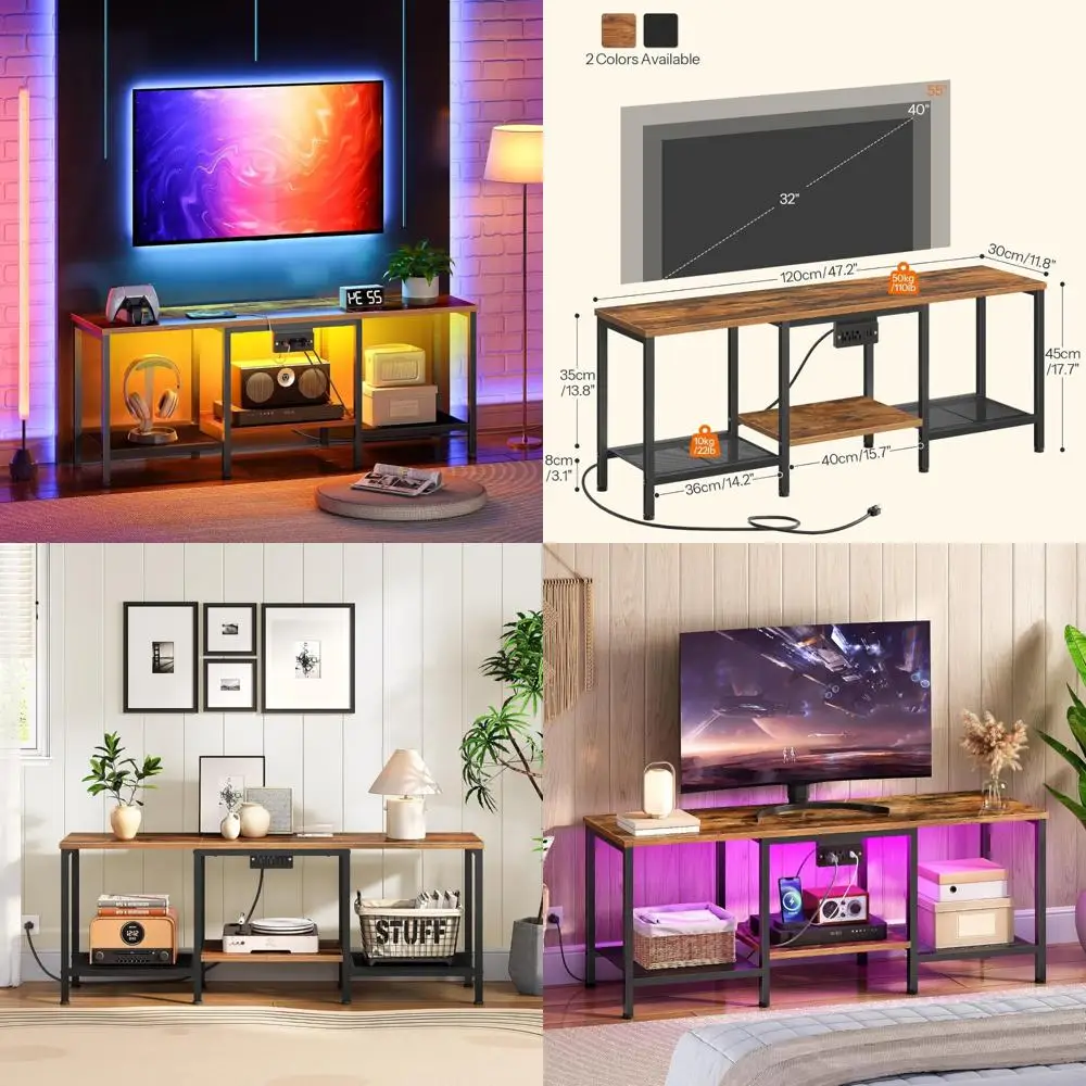 

55-Inch LED TV Entertainment Center with Charging Station and Open Storage Shelves