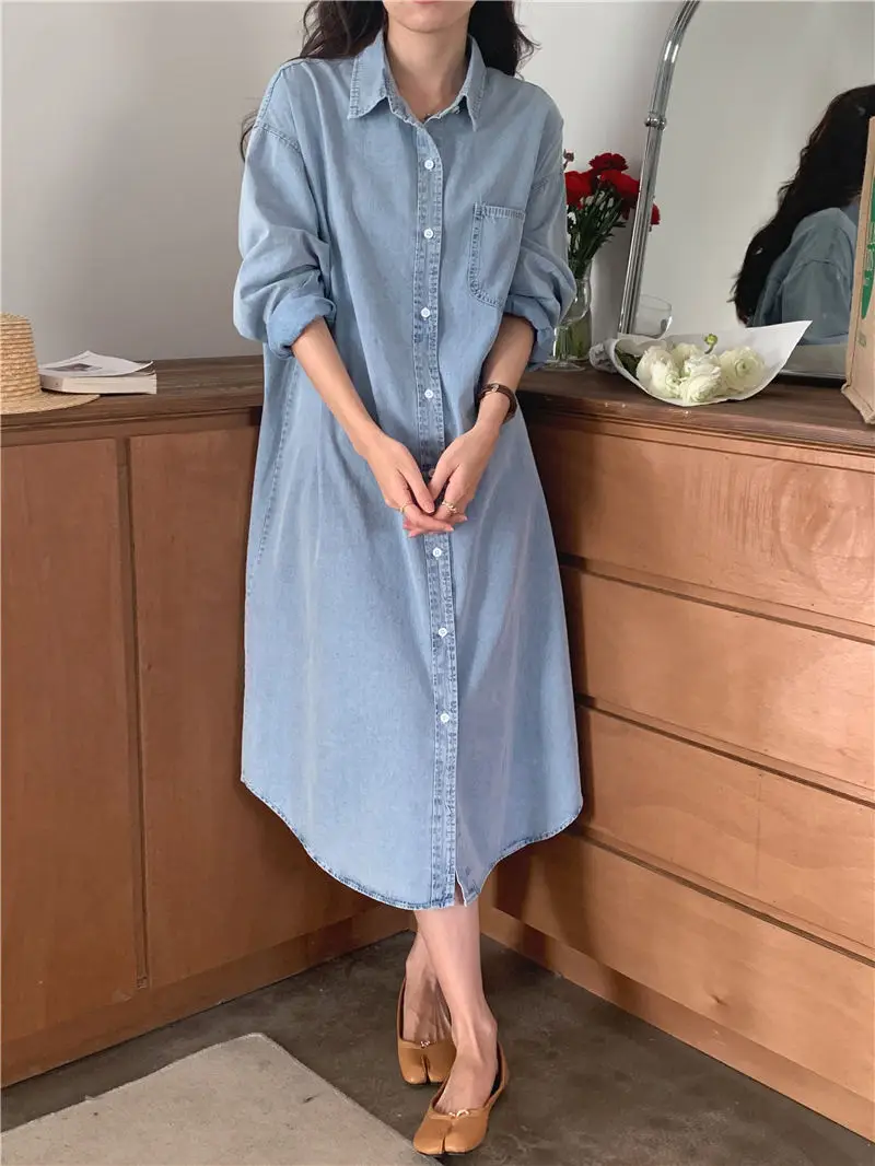 2Colors Women Denim Shirt Dress 2023 Spring Autumn Long Sleeve Elegant Single Breasted Jeans Female Dress Womens (G9390