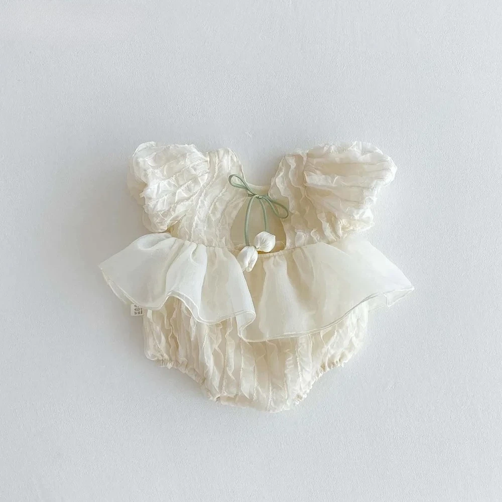 Backless Jumpsuit Lace Trim Bubble Sleeve Outfit Lace Flower Princess Infant 3-24M Rompers Cute Baby Girl Romper Tulip Flower