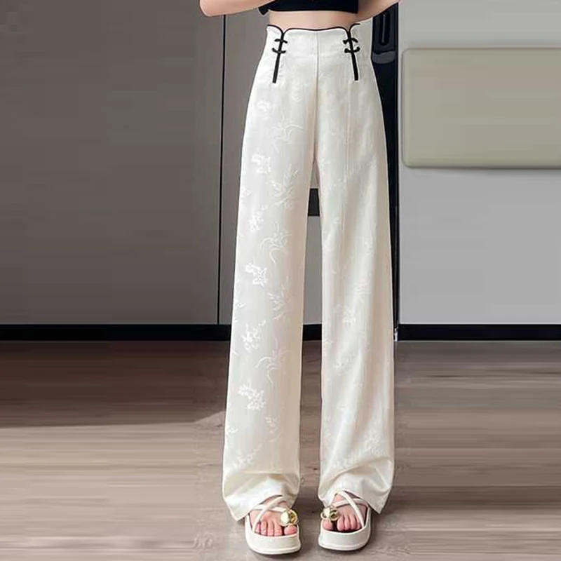 New Chinese  casual pants for women in summer, high waisted and slim Narrow straight leg pants length and wide legs