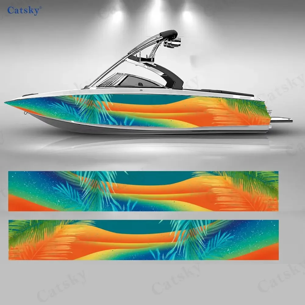Summer Beach Palm Sunset Boat Stickers, PVC Waterproof Durable Vinyl Wrap Decals for Fishing Boats, Durable and Stylish Design