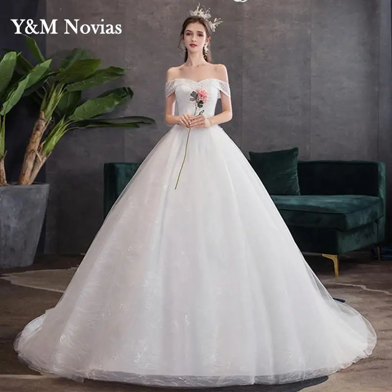 Y&m Wedding Dress 2023 New Elegant Boat Neck for Bride Off The Shoulder Princess Lace Embroidery Wedding Gown Vestidos De Novia