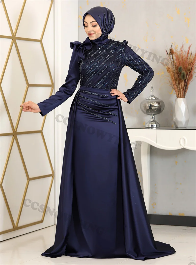 

Satin Beaded Long Sleeve Muslim Mermaid Evening Dresses Hijab Islamic Formal Party Gown Detachable Train Arabic Robe De Soiree