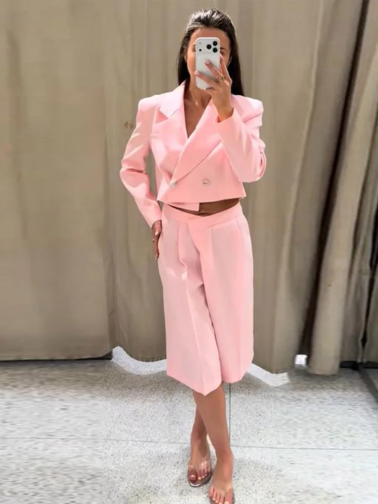 Revers-Langarm-Cropped-Anzugjacke mit Shorts für Damen – Eleganter Kurzmantel mit Knöpfen und High-Waist-Shorts – Schickes Büro-Outfit für Damen – Neu – Detail 15