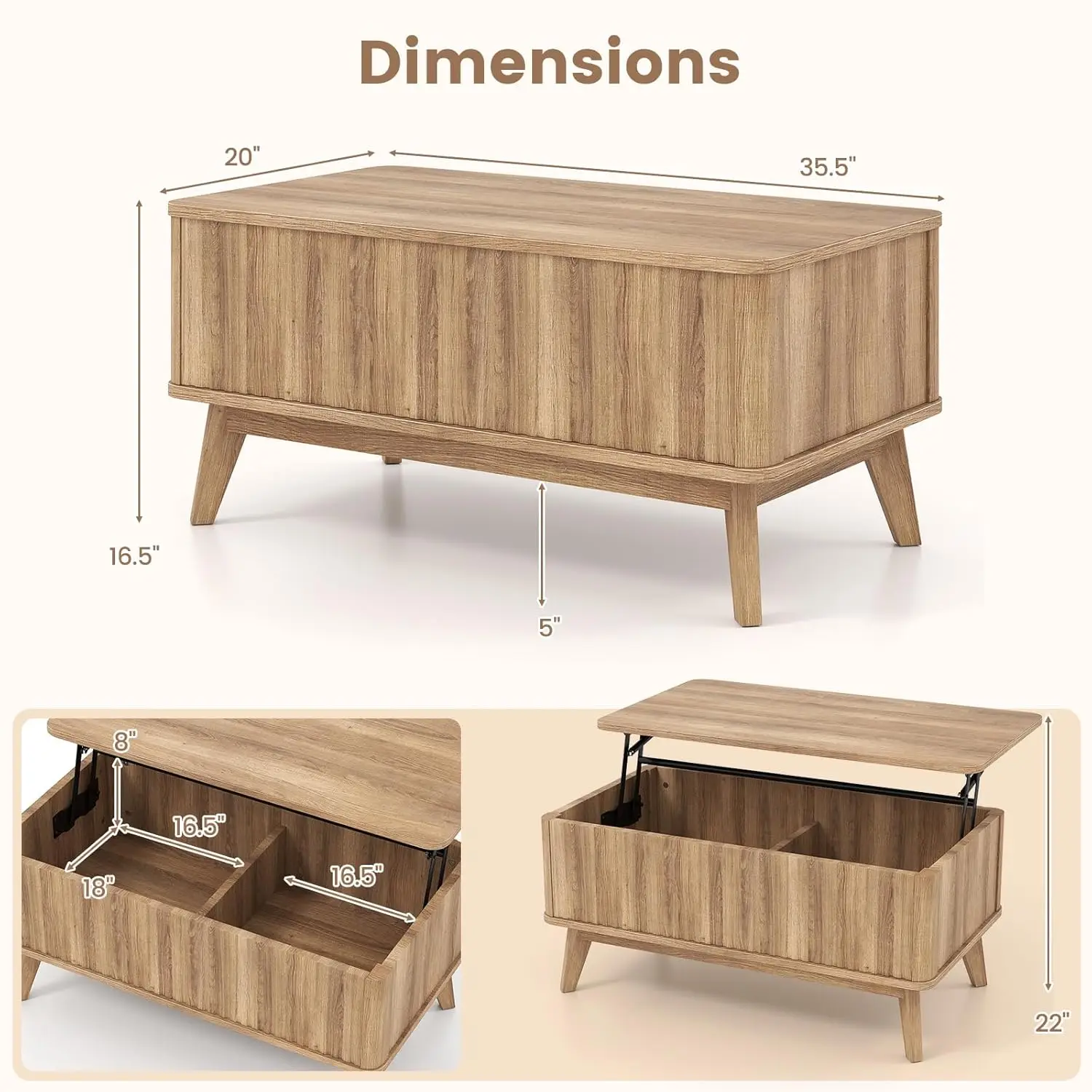 Mesa de Centro com Tampo Elevatório e Armazenamento, 35,5 polegadas, Estilo Moderno de Meio Século, com Pé de Madeira Maciça e Compartimento Oculto, Personalizável
