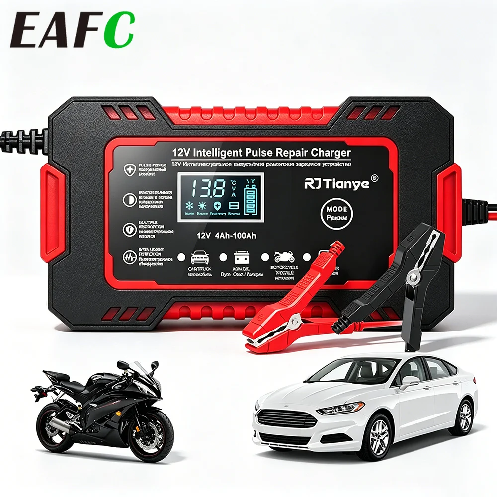 EAFC 12V 6A Intelligentes, vollautomatisches Batterieladegerät mit digitalem LCD-Bildschirm, Impulsreparatur-Desulfator-Ladegerät für Auto- und Motorrad-Nass- und Trocken-Blei-Säure-Batterien