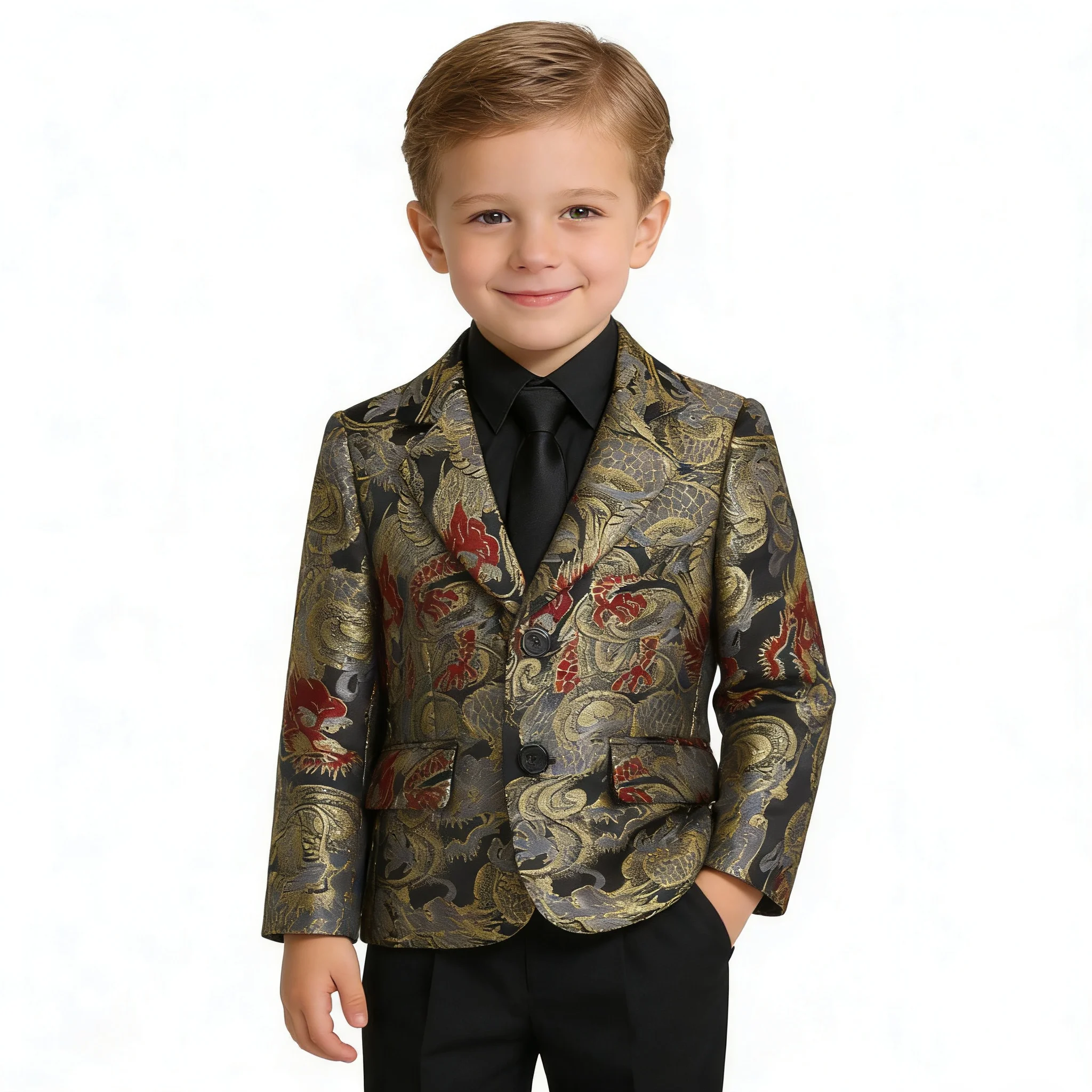 

Boys' golden Luxury Dragon Pattern Blazer Set Kids Formal Party Outfit with Black Shirt and Tie Children Performance Costume