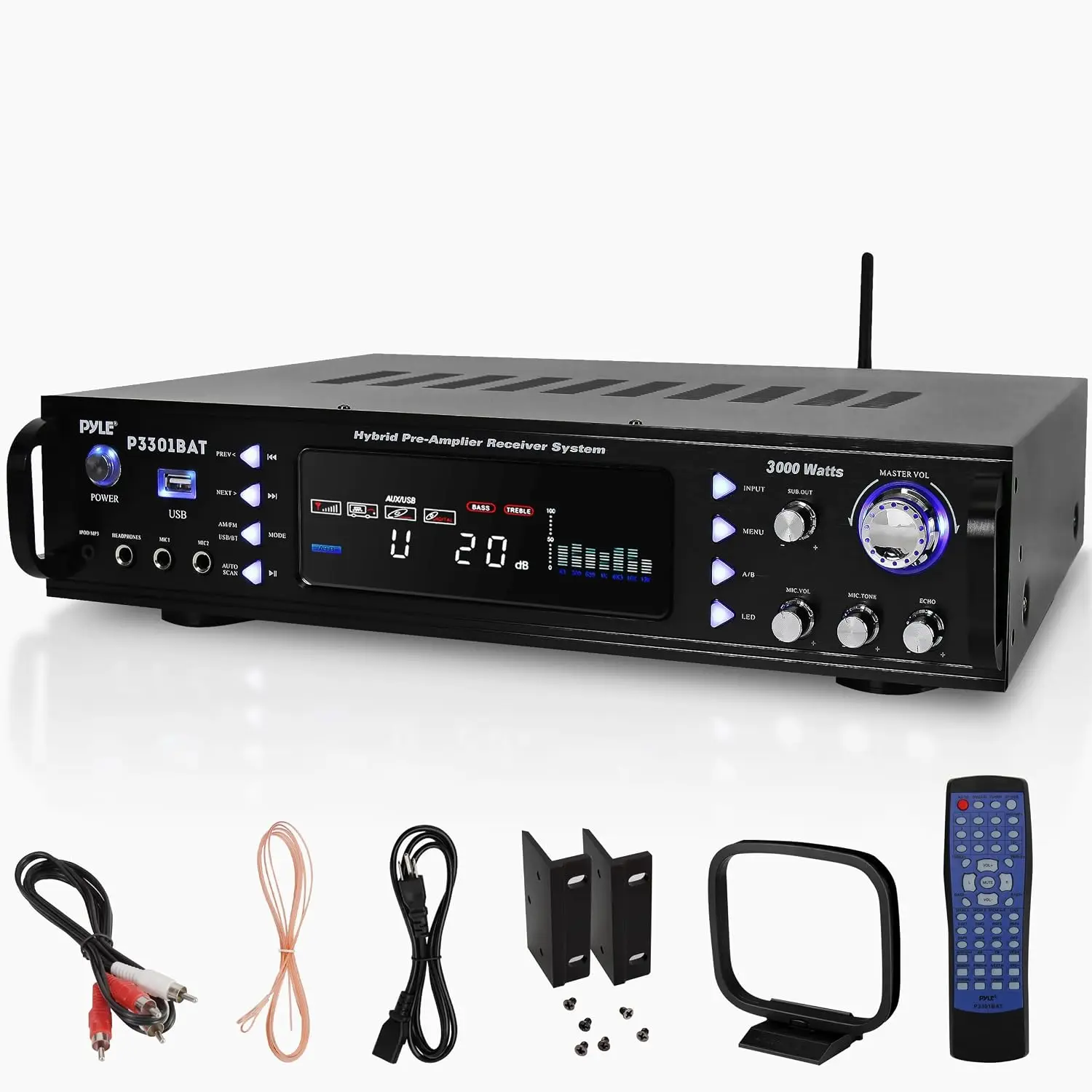 Home Audio Receiver System with Bluetooth Connectivity, 3000 Watt Hybrid Multi-Channel Amplifier, AM/FM Radio Tuner, MP3/USB Ports, AUX and RCA Inputs, Karaoke Microphone Input, Rack Mountable, Remote Controlled