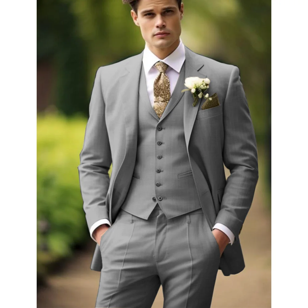 Men\'s Three-piece Elegant and Fashionable Slim Solid Color Design Groom Wedding Dress Trousers Boyfriend Suit for Wedding Full