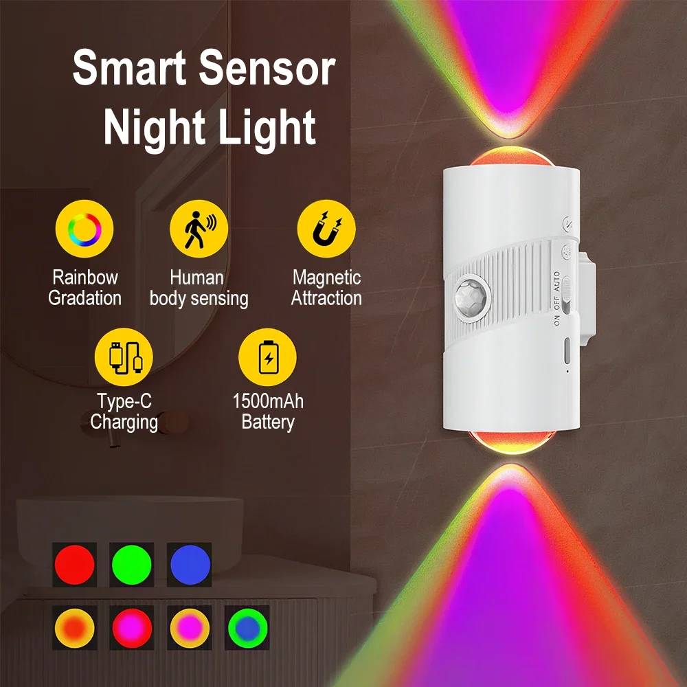 

Светодиодный ночник с датчиком движения Type-C, перезаряжаемый RGB градиентный окружающий свет с регулируемой яркостью, внутренний магнитный настенный светильник