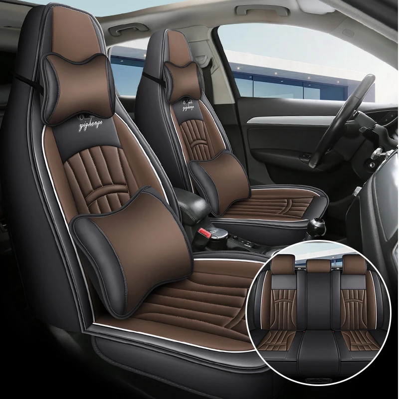 (Luxury Edition) the Car Has Five Seats, Equipped with 2 Comfortable Headrests and 2 Soft Lumbar Supports, Luxury Pu Leather Full-Cover Integrated Car Seat Covers, Universal, Breathable and Not Stuffy, Comfortable for All Seasons, Easy to Clean and Maintain, Multi-Layer Composite Material, Exquisite Workmanship, Simple and Convenient Installation, Does Not Affect the Normal Use of Seat Belt Buckles, Available in 4 Colors, Suitable for Various Models Such as Sedans, Suvs, Trucks, Etc