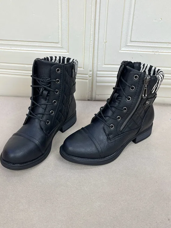 

Модные женские уличные ботинки с круглым носком, однотонные, с ромбовидным узором, на массивном каблуке, с боковой молнией и шнуровкой, для повседневной носки