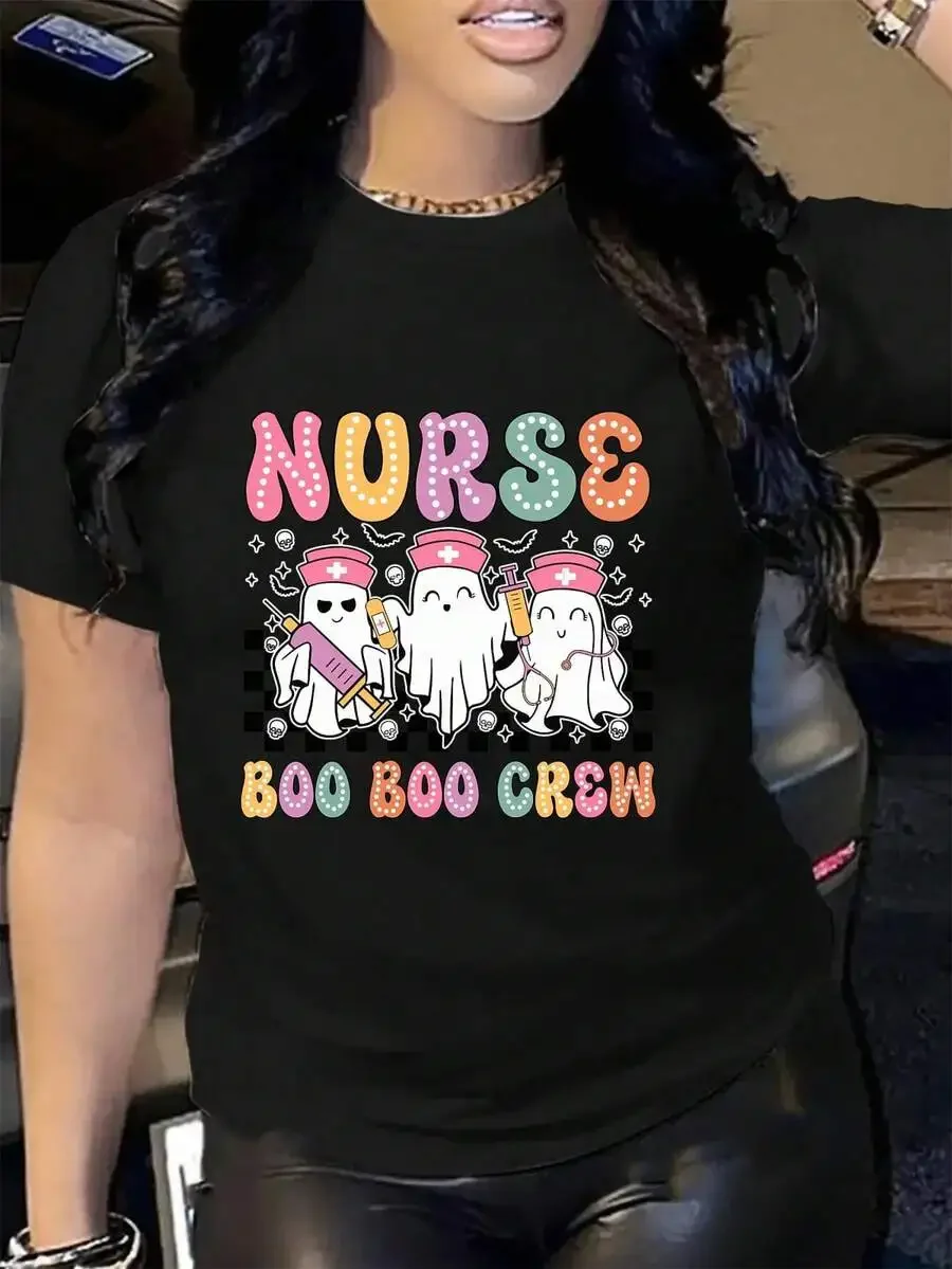 Women Funny Nurse Halloween Graphic Tee Nurse Boo Boo Crew Cute Ghost Nursing Print Crew Neck Short Sleeve Oversized Casual Black T Shirt
