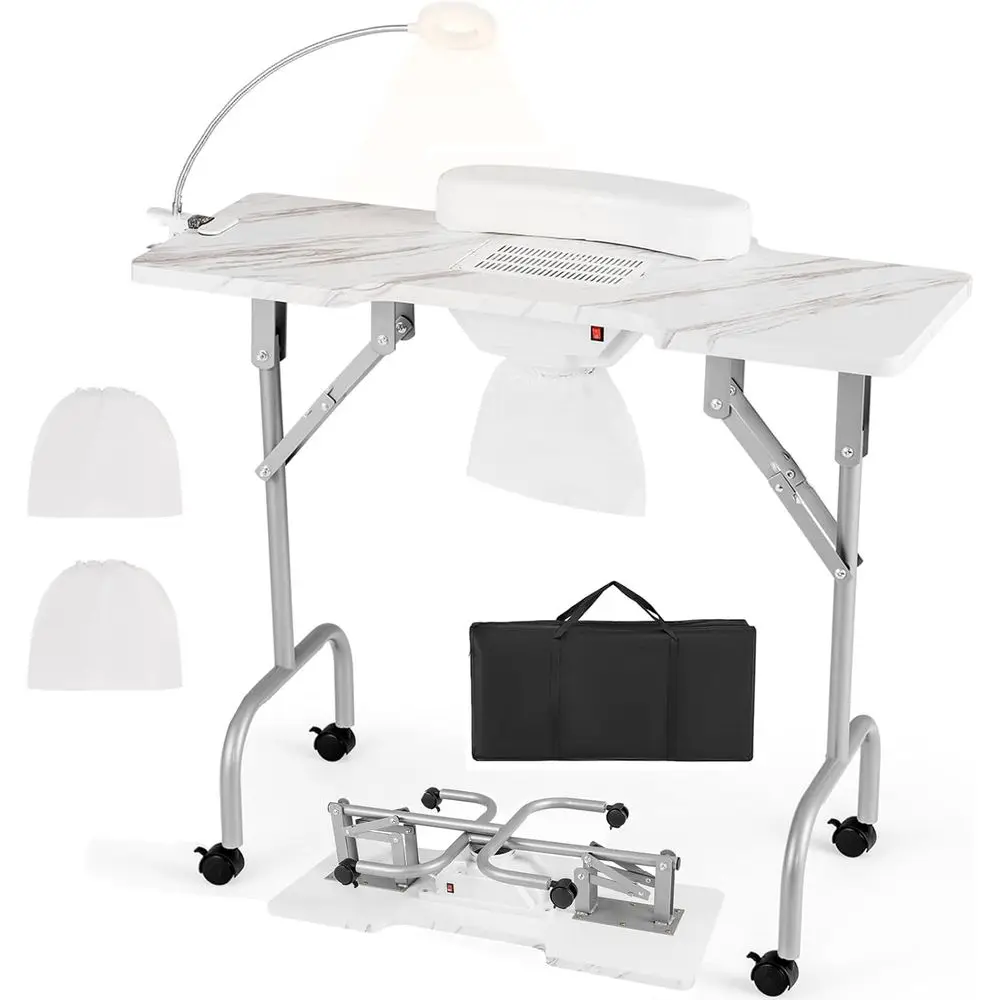 Manicure Table with Built-in Dust Collector, Adjustable Task Light, Client Wrist Pad, 4 Lockable Wheels, Portable Nail Tech Desk