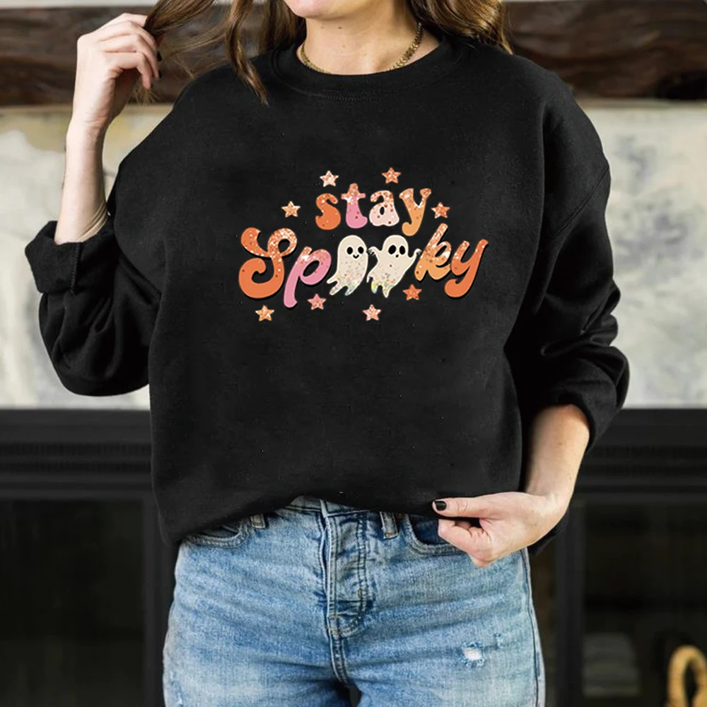 

Funny Halloween Sweatshirt Stay Spooky Hoodied Spooky Vibe Shit Cool Halloween Tee Smiley Spooky Top Unisex Casual Sweatshirts