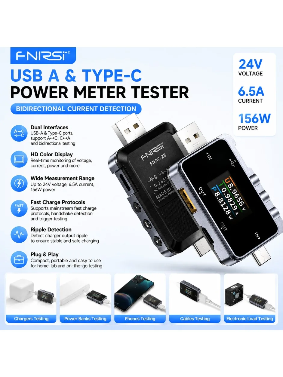 FNIRSI FNB38 2-in-1 Typ-C USB-Tester 6,5A Digitales Voltmeter Amperemeter Schnellladungsprotokoll Powerbank-Ladegerät Kapazitätsmesser