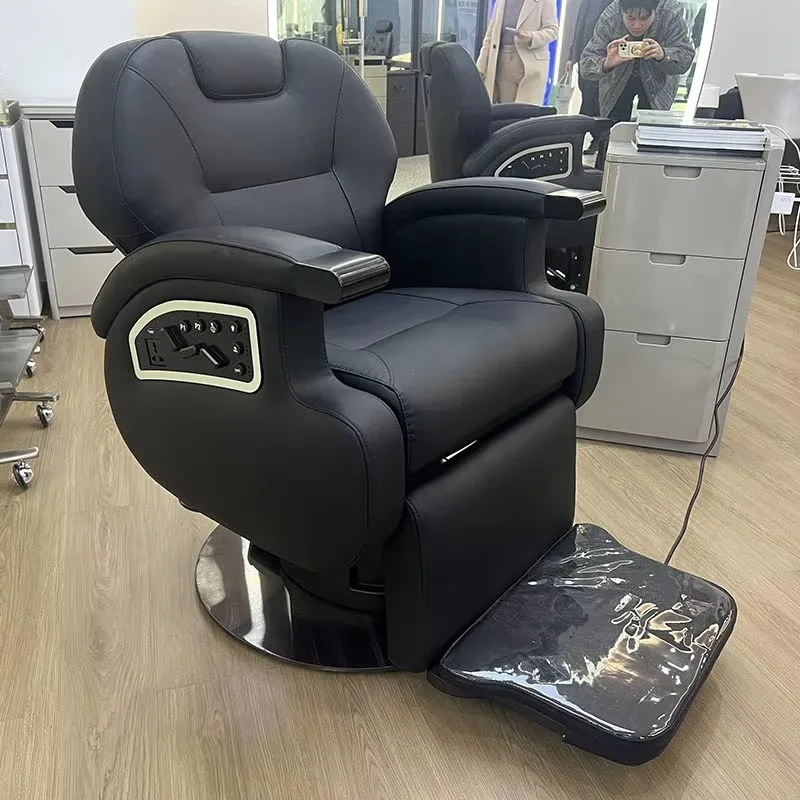 Luxury Premium Heavy Duty Buteful Electric Reclining Hair Salon Black Leather Vintage Barber Shop Chair for Men With Massage
