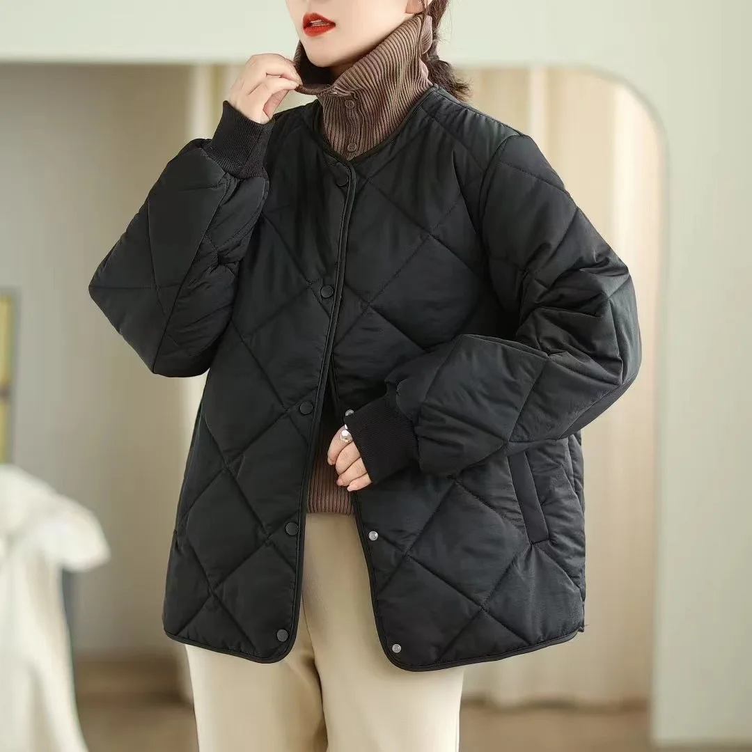 

2024 Autumn and Winter Women's Down Jacket Round Neck Rhombus Pattern Baseball Jacket Warm and Casual 90% White Duck Down Jacket