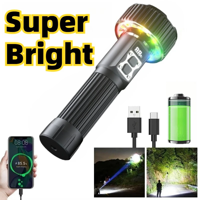 Powerful LED Strong Light Flashlight COB Side Work Light with Hook Type-C Charging Digital Display for Fishing Outdoor Camping