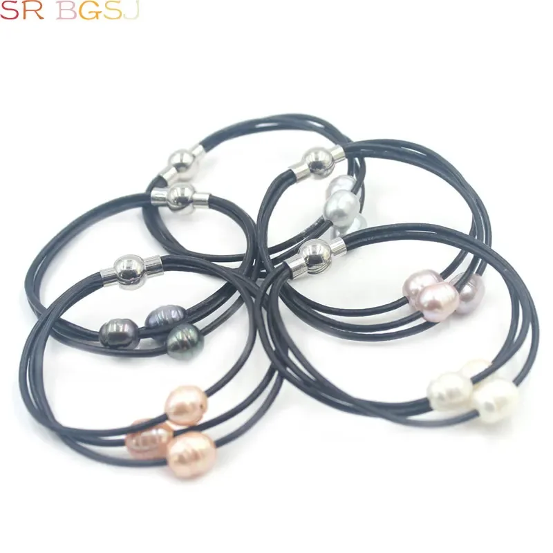 SR 10-12mm Genuine Natural Freshwater Pearl 3-Strand Style Leather Cord Pearl Women Jewelry Bracelet  7.5-8\