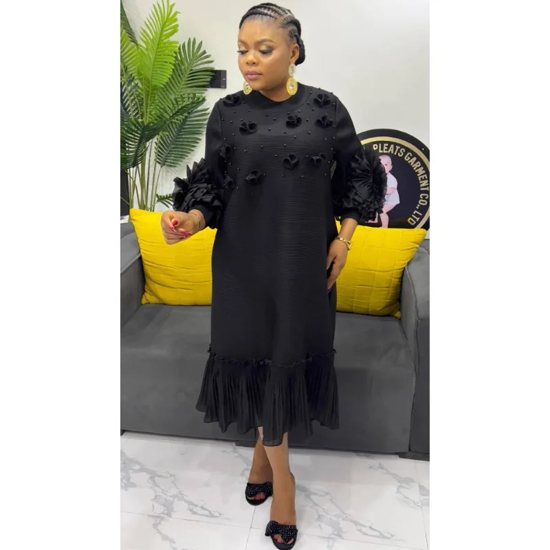 Abito plissettato Miyake da donna africana Fiore stereo Allentato di grandi dimensioni Temperamento elastico Abito lungo Medio Oriente Senza rughe