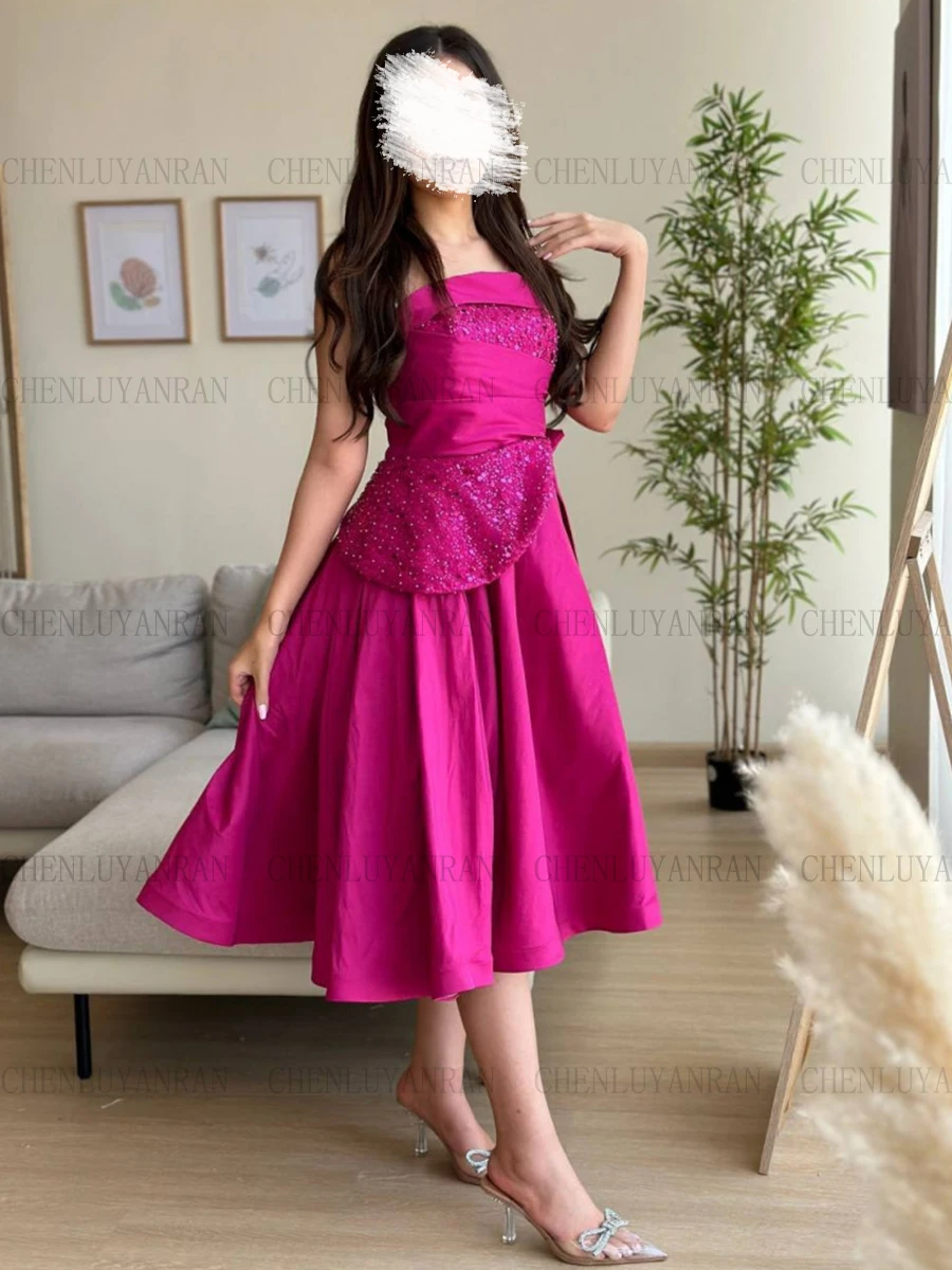 

Hot Pink A-line Formal Occasion Dresses 2023 Strapless Pleat Sequin Party Dress Zipper Simple Elegant Evening Gowns فساتين حفلات