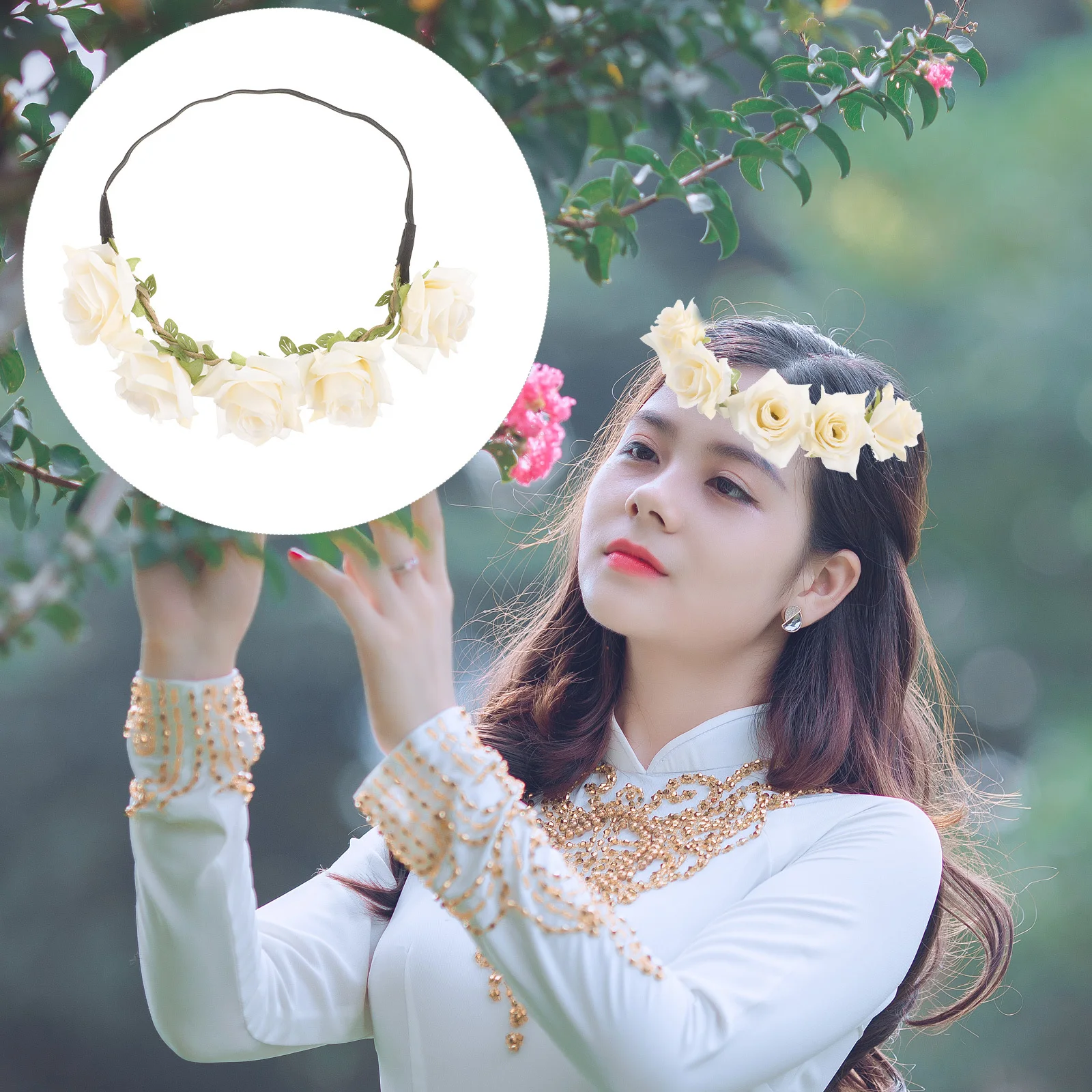 

Floral Wreath Headband with Realistic Artificial Roses for Bridal Wedding Vacation Festival Travel Photography Prop
