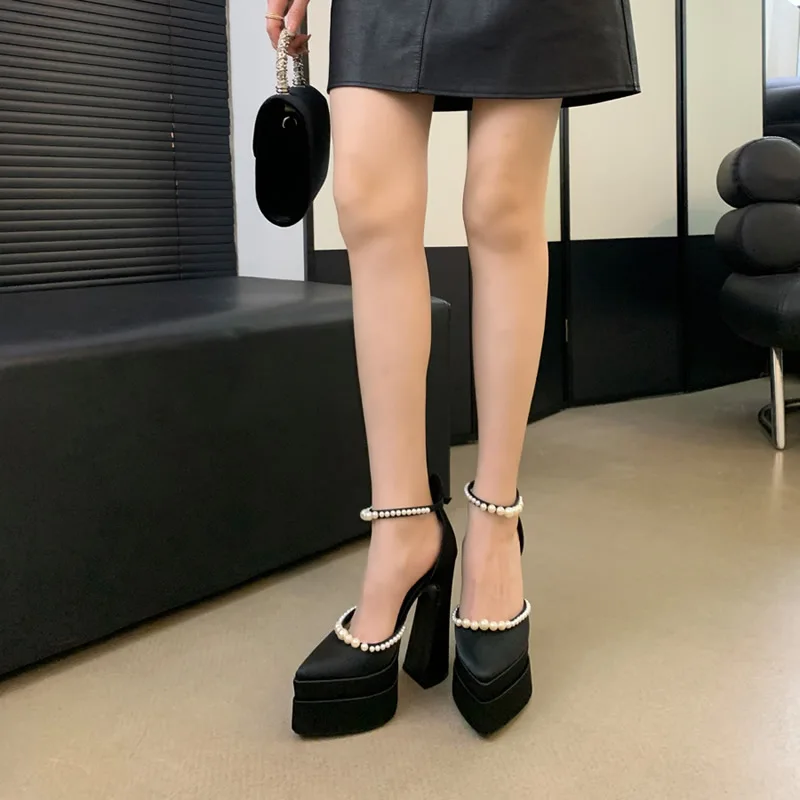 

2025 New High Heels Waterproof Platform Banquet Ladies Satin Sandals Ladies Plus Size Fashion Pearl Pumps 15 cm High Heels