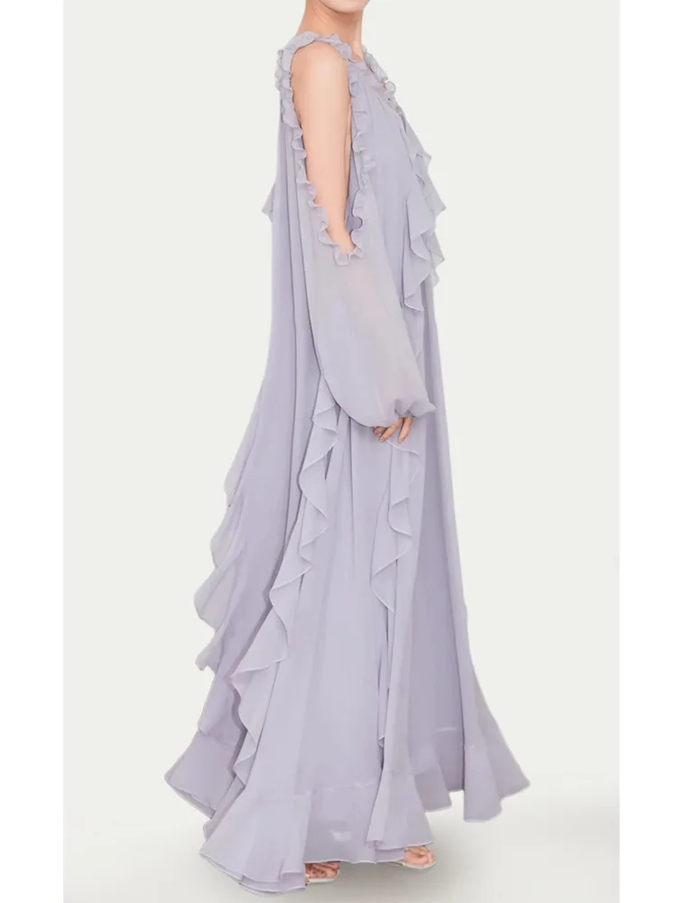 DFDG Damska Sukienka Maxi Minimalistyczna na Wiosnę Lato 2025, Odkryte Ramiona, Marszczenia, Długi Rękaw, Falbanki, Luźna, Wyszczuplająca Sukienka Wakacyjna