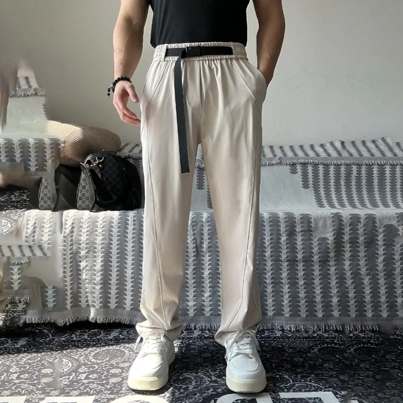 High Elasticity Thin Sports Pants Loose Fit Fitness Training Breathable Casual Belt Pants Men's Solid Ice Silk Cool Feeling