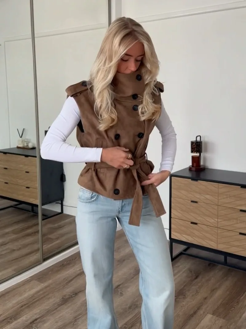 Damen-Weste aus Wildlederimitat, ärmellos, doppelreihig, mit selbstbindendem Gürtel, hohem Kragen, Taschen, Schulterklappen, Oberbekleidung, Top 2026 – Detail 19