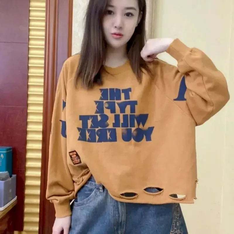 Casual Vintage Pullovers Women Fashion Design Hole Long Sleeve T Shirts Spring Summer Trend Thin Pullover Print Letter Y2k Tops