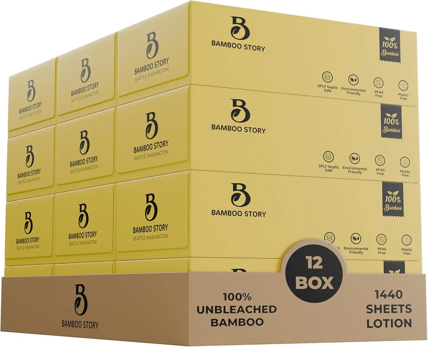 

Бамбуковые салфетки для лица, 12 коробок, 3-слойные, неотбеленные, сертифицированные FSC, биоразлагаемые, без химикатов, без пластика, без BPA