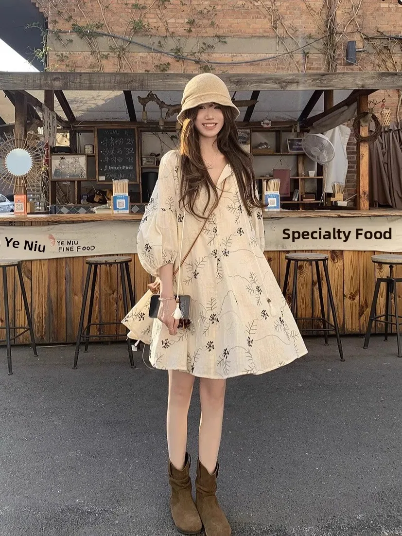 Sommer-Blumenstickerei Dr. Damen-Urlaubsoutfit, schlankmachend, A-Linie, ort Dr, atmungsaktiv, weicher Stoff, V-Ne Lantern Sve