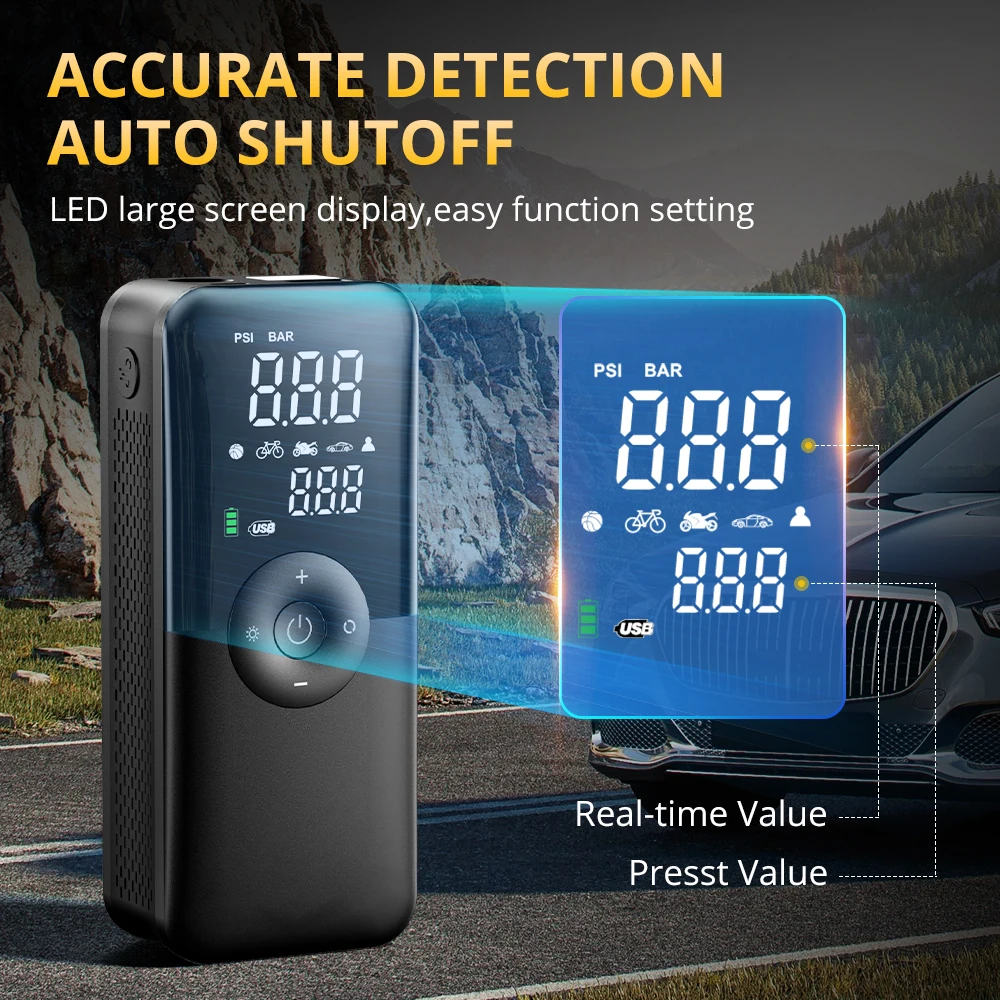 Carsun Wireless Portable Mini Air Pump with Illumination and Tire Pressure Measurement - Ideal for Cars, Suvs and Motorcycles