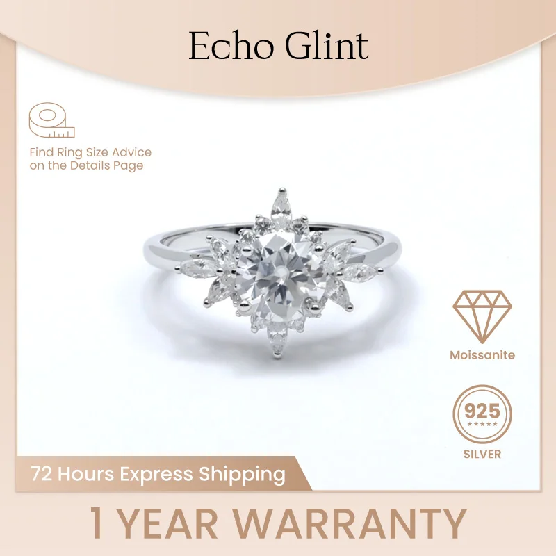 

Echo Glint 1.2CT D Color Moissanite Rings Flower Shape Diamond Engagement Band 925 Sterling Silver GRA Certified Fine Jewelry