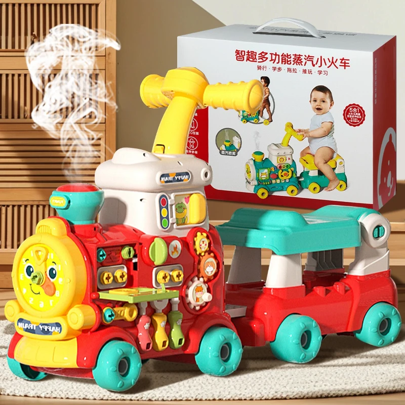 幼児用プッシュウォーカー、蒸気機関車のおもちゃ付き、多機能ベビー学習車、早期教育とエンターテイメント、安定した三角形