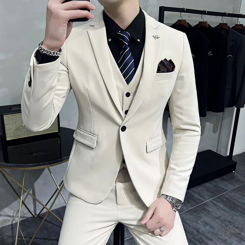 (Jacket + Vest + Pants) High-end Brand Boutique Fashion Solid Color Business Office Mens Casual Business Suit Groom Wedding Gown