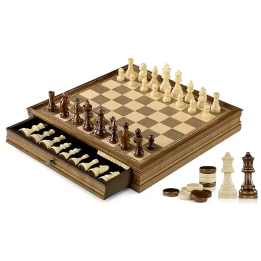 

Magnetic Chess and Checkers Set for home and travel, wooden board with natural finish, classic black and white pieces, strong m