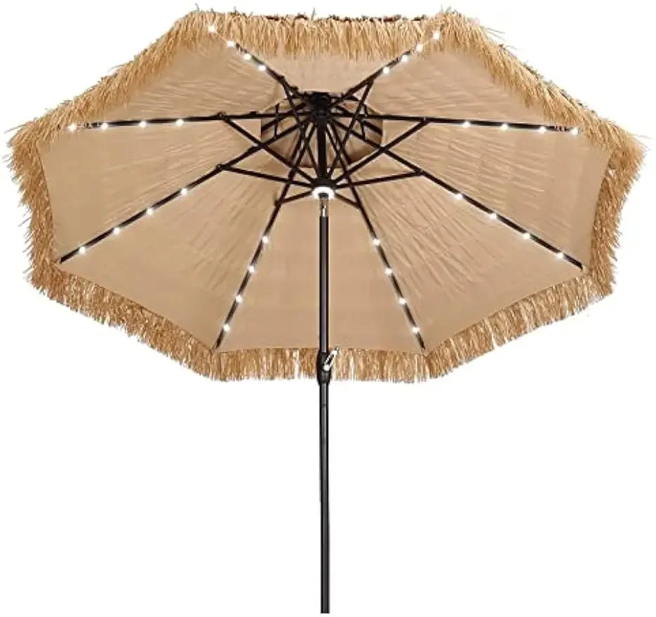 10FT 40 LED Hula Thatched Tiki Umbrella, Hawaiian Style Beach Patio Umbrellas with Center Light for Patio Garden Beach Pool