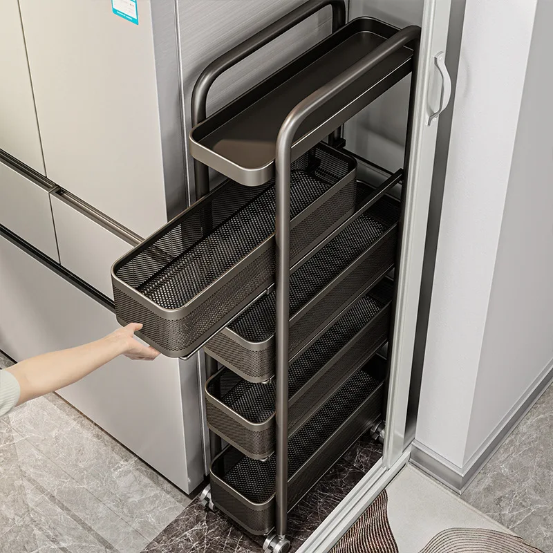 LH crevice rack, refrigerator behind kitchen door, side very narrow slit pull basket