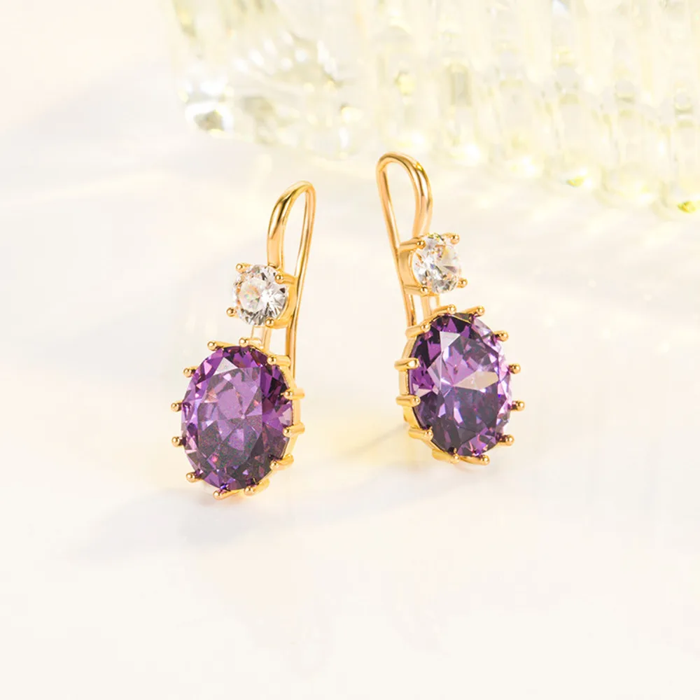 WOSIKATE Korean Oval Amethyst Purple Zircons 925 Sterling Silver 18K Gold Plated Earrings For Women 925 Jewelry Simple Ear Hooks