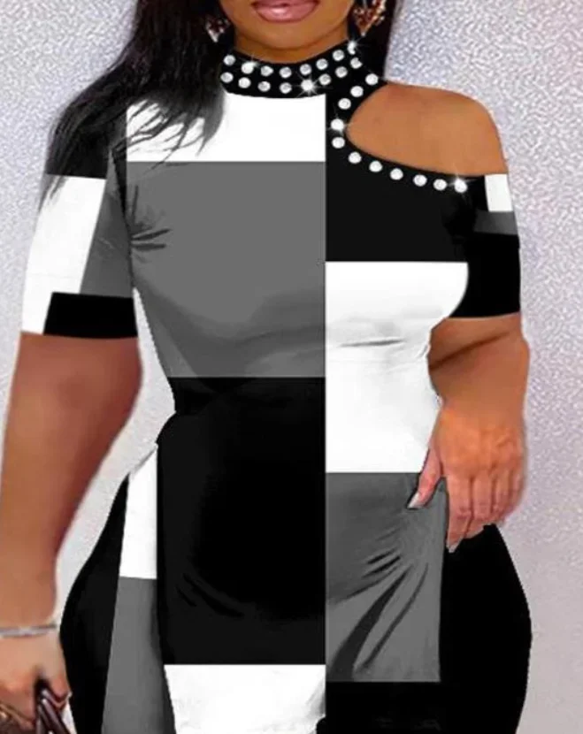 

CPSYMYM Two Piece Sets Womens Outifits Summer Geometric Print Cold Shoulder Hem Slit Short Sleeve Top & Casual Shorts S