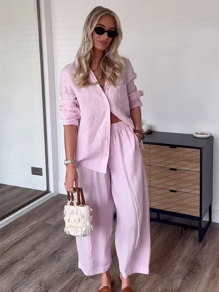 Damen-Hemd-Set Frühling Sommer Neue Mode Locker Sitzende Damen Einreihige Bluse Weite Hose Lässiges Schickes Einfarbiges Set 2026