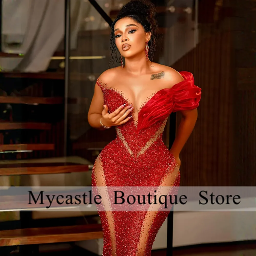 Elegan Red Beaded Lace Mermaid Evening Dresses 2024 African Luxury For Women Prom Dress Wedding Party Dresses Aso Ebi