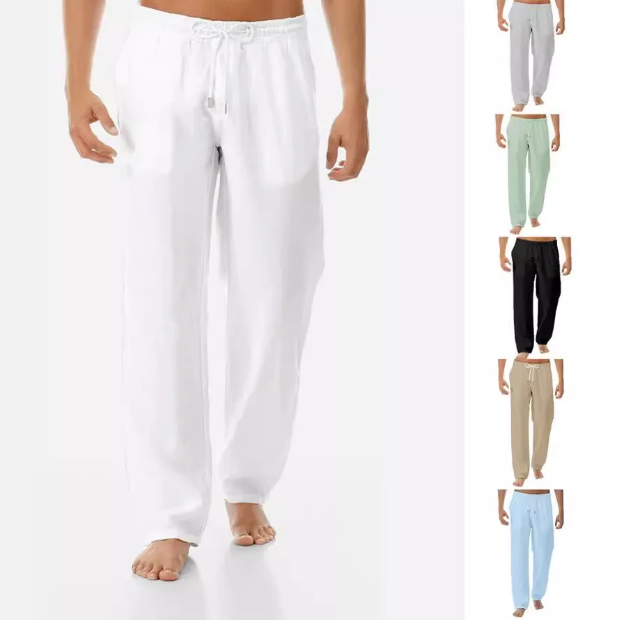 

Wish New Men's Casual Cotton Linen Long Pants Simple Fashion Color Loose Fit mid Waist Rope Door Spring Autumn Straight Tube