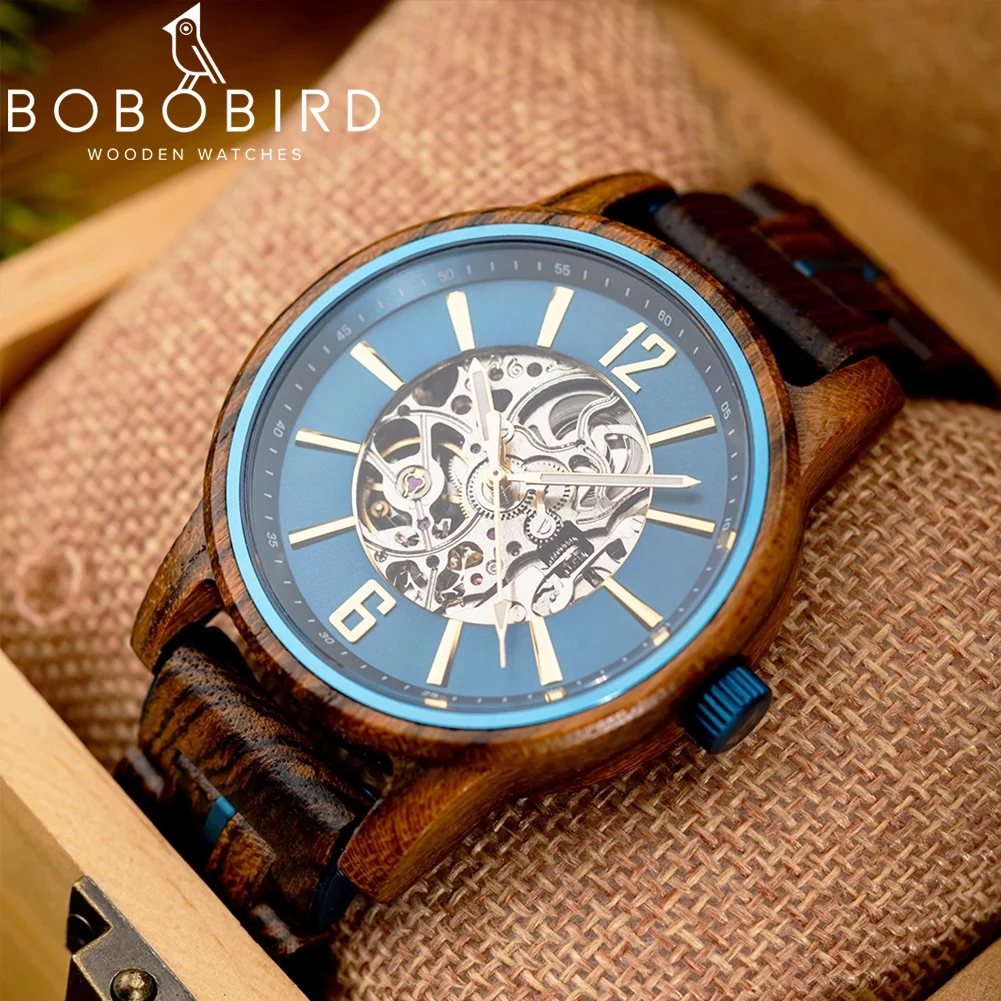BOBO BIRD Drewniany Zegarek Automatyczny Mechaniczny Męski Personalizowany Tekst na Tylnym Panelu Modny Zegarek na Rękę Świecący Zegar Dropshipping