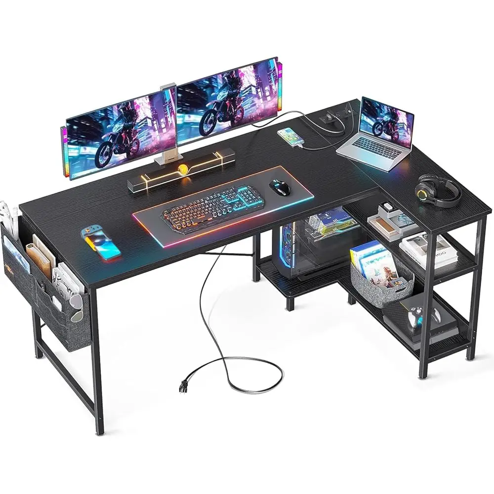 

55 H Small L Shaped Computer Desk With Power Outlets, Corner Desk With Pc Stand & Reversible Storage Shelves For Small Space