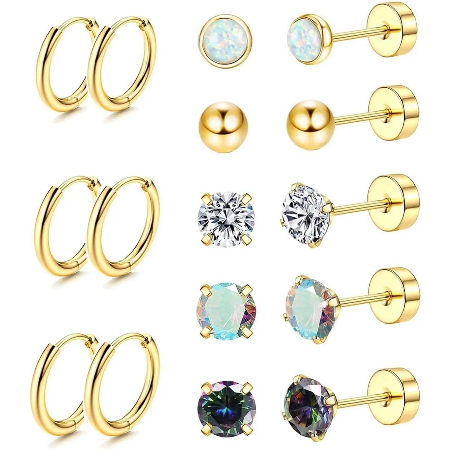 Pendientes de Acero Quirúrgico Hipoalergénicos para Orejas Sensibles, Aros de Acero Inoxidable 20G para Mujer y Hombre, Pequeños Pendientes de Bola de Ópalo con Circonita Cúbica, Pendientes de Acero Quirúrgico de Parte Trasera Plana, Pendientes de Cartílago, Aros y Pendientes de Botón